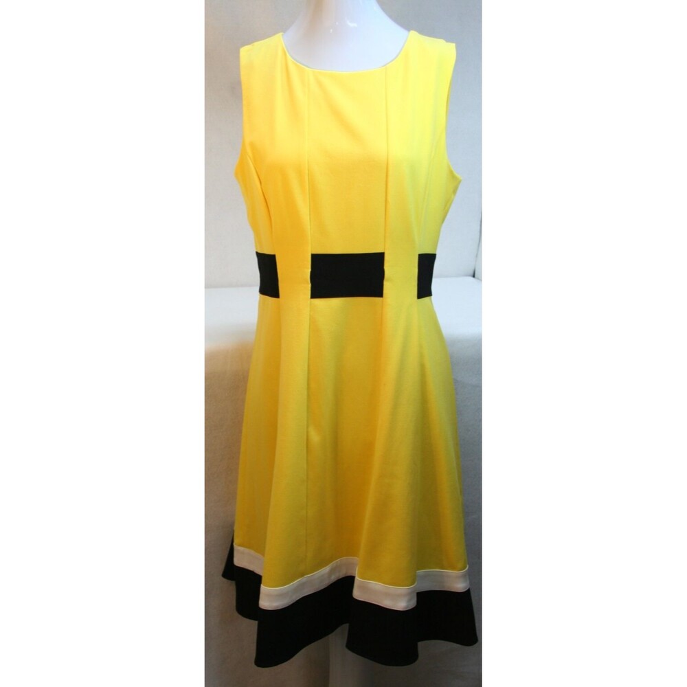 Calvin Klein Womens Sleeveless Fit-n-Flare Yellow Day Dress Black Belt Sz 8